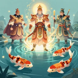 illustration (digital art) of a koi pond for the koi gods in mystical armour, magical aura, flying particles, trending on artstation