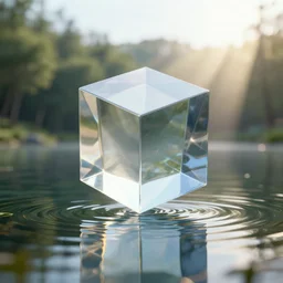 a perfect cube made of glass floating above a picturesque lake, god rays, reflections, refraction, 8 k, octane render, precise, siggraph