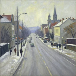 an edward hopper style painting of a busy road of ( ( ( ( ( ( ( ( gyor ) ) ) ) ) ) ) ) in hungary, winter, january of 1 9 4 8