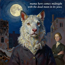 bright dramatic lighting colorful oil painting titled'mama here comes midnight with the dead moon in its jaws ', magical realism symbolist, portrait of hybrid animal protagonist in a ruined city, highly detailed, painted by grant wood and rene magritte, shocking detail trending on artstation 8 k