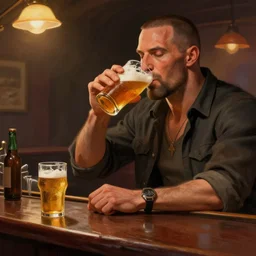 duke nukem drinking beers at a bar reminiscing about old adventures. digital painting, highly detailed