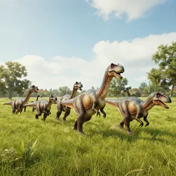 a herd of dinosaurs running across a meadow