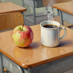 Still life oil painting of an apple and a mug of coffee on a school desk, Paul Cezanne, 1895, award-winning, realistic, oil painting, dynamic lighting