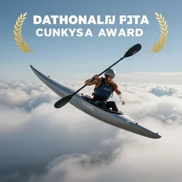 very very intricate photorealistic photo of a man in a flying kayak midair, in the clouds, photo is in focus with detailed natural lighting, award - winning crisp details