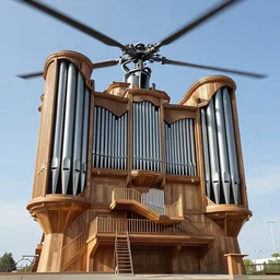 helicopter shot of a gigantic pipe organ designed by da vinci made of steel and wood