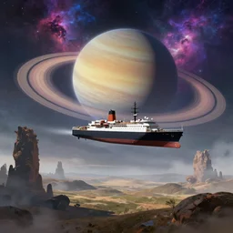 large ship flies over on an alien planet, sci - fi, huge saturn with rings in the background, vibrant nebula, strange rock formations, rolling hills, atmospheric, misty, artstation, deviantart, 8 k, ultra hd