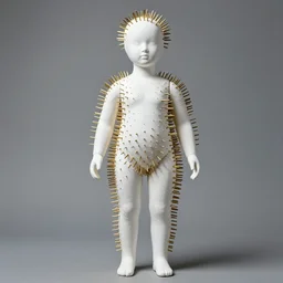realistic photo of a full - height head model made of white rubber clay realistic sculpture doll made of white clay, wearing white tights, covered in very very long brass spikes needles, center straight composition, 2 0 0 0, life magazine photo, museum archival photo