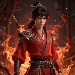 Zuko from avatar the last Airbender, red flames, dark atmosphere, cinematic shot, intricate, ornate, photorealistic, ultra detailed, realistic, 100mm, photography, octane, high definition, depth of field, 8k, artstation