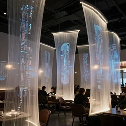 drapes with curved translucent drapes projecting detailed sci - fi art, pixel perfect photograph, high contrast, volumetric lighting, thin glowing lights, restaurant, chairs, users, pair of keys