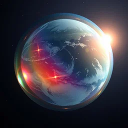 planet earth inside a gigantic iridescent soap bubble, as seen from deep space, in the style of nasa photography