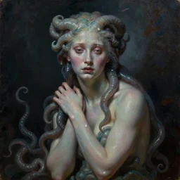 hyperrealistic oil painting of a sad medusa, chiaroscuro, theatrical, dramatic lighting