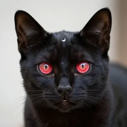 a female black cat with red eyes and a crescent moon - shaped bald spot in her forehead