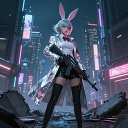 advanced digital art of an anime girl with bunny ears wearing a long reflective coat holding a rifle standing in a futuristic ruined city at night, neon lighting, in the style of Ross Tran, — h 1080 —w 1920