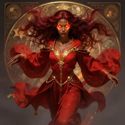 Portrait of a beautiful sorceress, dnd, d&d, Red robes, golden accents, young, dark red hair, dark skin, fire eyes, floating, detailed face, highly detailed, high fantasy, matte painting, midjourney!, by Krenz Cushart and Artem Demura and alphonse mucha, artstation, HD, 4K