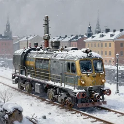 highly detailed painting of dieselpunk stockholm, winter, snow, dystopia, by greg rutkowski, 4 k resolution, trending on artstation