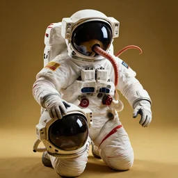 extremely detailed studio portrait of space astronaut, tentacle coming out of mouth, helmet is off, helmet i in lap, full body, soft light, golden glow, award winning photo by michal karcz and yoshitaka amano