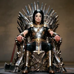 michael jackson as king conan, directed by john millius, photorealistic, sitting on a metal throne, wearing ancient cimmerian armor, a battle axe to his side, he has a beard and graying hair, cinematic photoshoot in the style of annie leibovitz, studio lighting