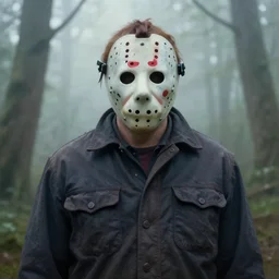 A painting image of Jason Voorhees in the woods foggy very detail 4K quality super realistic