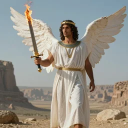 cinematic still of divine angelic man with white ancient Canaanite robes holding a flaming sword, paradise in the background
