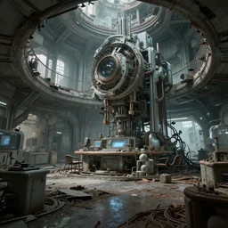 a abandoned and ruined futuristic lab, destroyed technology, hyperrealistic, concept art, octane render, unreal engine 5, path tracing, advanced technology, soft lighting, ruined, alien, high quality, highly detailed, 8K, complementary colors