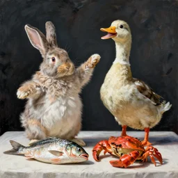 still life painting of a fat fish crab lobster dancing with a laughing tall duck rabbit on a white table, high contrast lighting, impressionism, real fur, real feather