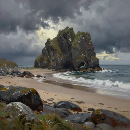 beautiful oil painting of dramatic light over Luskentyre beach, Isle of Harris Scotland, beautiful composition, artstation