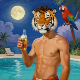 painting portrait of a ( ( ( una cerveza ) ) ), ( ( guapo joven cuban macho with a tiger head poolside ) ), nubes y magia, la luna, parrot, concept character, by greg rutowski and tezuka and oi and mucha and bierstadt and remington, trending on artstation