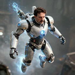 an epic scene of Nikola Tesla, piloting an electrified mech suit, in the year 2139