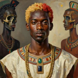 a professionally painted african male model , clothed in ancient street wear, dark skin, red gold hair, big scar on face, beautiful bone structure, symmetrical features, stunningly beautiful, intricate, elegant, digital painting, smooth, sharp focus, illustration, made by, Jacob Lawrence, Sam Gilliam, Edmonia Lewis, Jean-Michel Basquiat, Henry Taylor, Collage