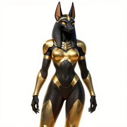 female anubis wearing black gold cybertech armor. buxom, wide hips. renowned character illustration by greg rutkowski, thomas kindkade, alphonse mucha, loish, norman rockwell. detailed, inked, western comic book art