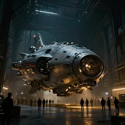 huge transportation spacecraft in a massive hangar with people getting in, dark, cyberpunk, moody, luminescent, rule of thirds, golden ratio, ambient lighting, syd mead, greg rutkowski, wlop, artgerm, artstation, highly detailed masterpiece