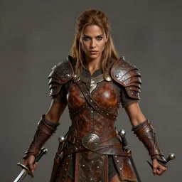 Female barbarian, beautiful, light borwn hair, dark skin, brown eyes, detailed face, fully covering leather armor, swords, battle stance, high fantasy, matte painting
