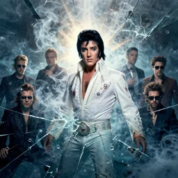 portrait of elvis in a chaotic storm of liquid smoke, by petros afshar, sabbas apterus, brian sum, ross tran, tom whalen, shattered glass, bubbly underwater scenery, radiant light