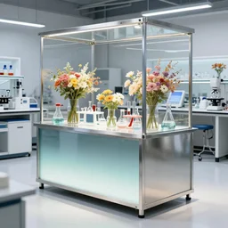 flower shop by science labotory made of stainless steel and translucent gradient glass, labotory equipment