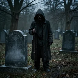 photo of a graveyard guarded by a gravekeeper, unsettling atmosphere, eerie, bizarre, horror