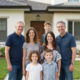 a photo of happy family near new house, real estate, perfect faces. by nuri iyem, james gurney, james jean, greg rutkowski, anato finnstark, perfect faces