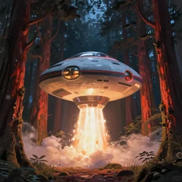 matte painting Zaha Hadid style glowing spaceship taking off launching in clearing in dreamy redwood tree fantasy Forest at night. Forest is lit by ombre glow. Ufo. Digital painting. Beeple. Noah Bradley. Cyril Roland trending on artstation.