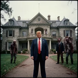 35mm film still, Resident evil, Donald trump in front of mansion, zombie, spooky, horror, old, dirty, reversal film stock