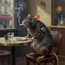 A cybernetic humanoid rat smoking a cigarette in a cyberpunk Parisian cafe, oil painting
