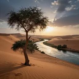 landscape photography, marc adamus, sahara desert, a river, dramatic lighting, sunrise, tree in the foreground