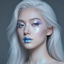 beautiful portrait of a middle eastern woman with holographic light makeup, glitched lipstick, porcelain hair, translucent skin, surreal, in the style of steven meisel, detailed