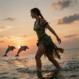 Lara Croft walking through shallow water, hair tied and braided loosely, jungle gown, sunset, dramatic angle, hopeless, dynamic pose, dolphins jumping in the background, 8k hdr pixiv dslr photo by Makoto Shinkai ilya kuvshinov and Wojtek Fus
