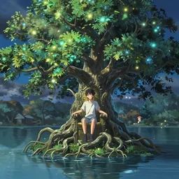 twisted root magical tree in the middle of a lake with natural throne, anime inspired, hyper realistic, dramatic lighting, glowing leaves, 8k hdr pixiv dslr photo by Makoto Shinkai ilya kuvshinov and Wojtek Fus, digital art, concept art,