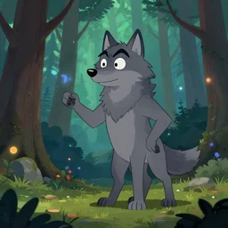 a cartoonish anthropomorphic grey wolf talking in a mystical forest full of wonders, pine trees, magical atmosphere, trending on artstation, 3 0 mm, by noah bradley trending on artstation, deviantart, high detail, stylized portrait