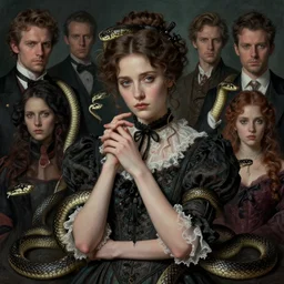 surreal stylized portrait by aykutmakut of an artistic pose, composition, young victorian sad fancy lady, surrounded by snakes, cinematic moody colors, realistic shaded, fine details, realistic shaded lighting poster by ilya kuvshinov, magali villeneuve, artgerm, jeremy lipkin and michael garmash and rob rey