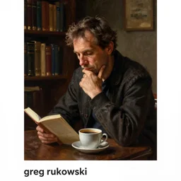 a middle aged man in a dimly lit library, pondering over a book and a cup of coffee, art by greg rukowski