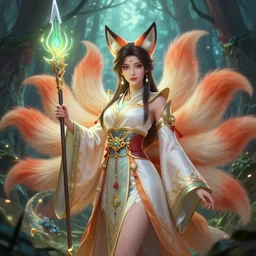 ahri by yuumei | by wlop | fantasy | ornate traditional chinese gown | holding a glowing spear | mystical forest | dragon | digital | very detailed | by natalie shau | portrait | the nine - tailed fox | league of legends | tim hildebrandt