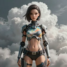 Epic cinematic portrait of a very beautiful dollpunk female wearing an Abstract tech shirt and hotpants,  volumetric clouds, focus, realistic eyes, symmetric body features proportions, golden ratio, ultra intricate details, award winning, unreal render, by Ross Tran