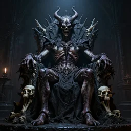 unkillable demon king on a throne of bones, gothic, moody lighting