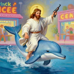 thomas kinkade painting of jesus christ riding a dolphin with an uzi at chuck e cheese